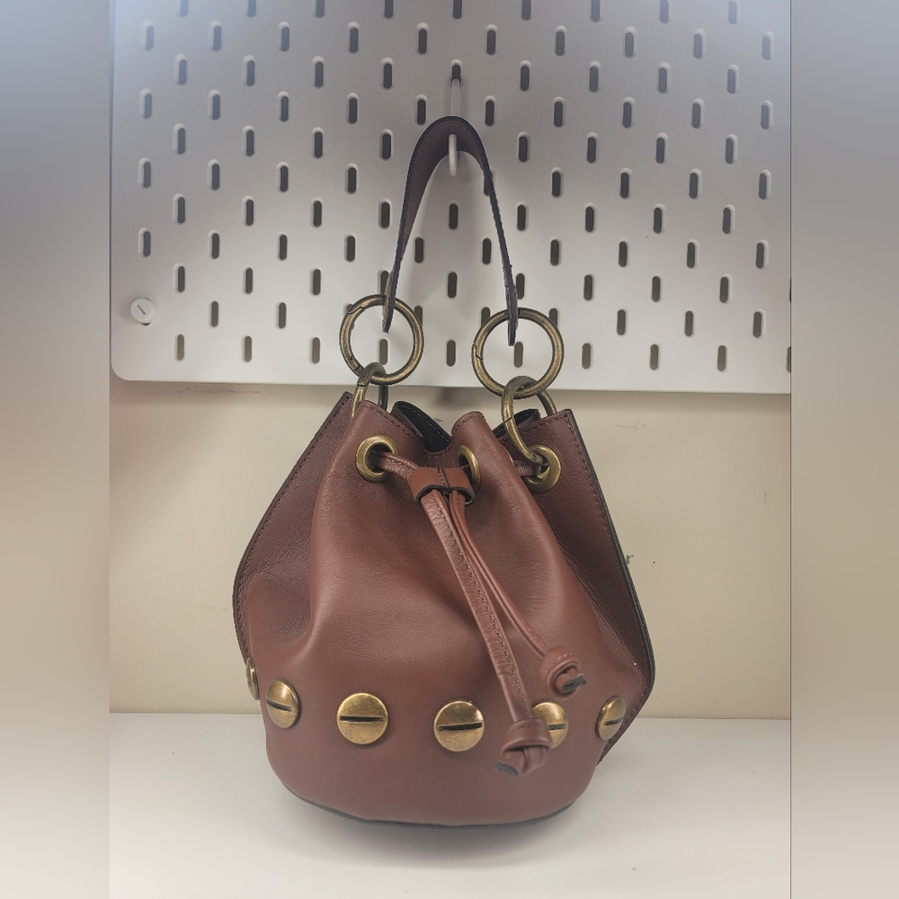 Stella Bianca Made In Italy Leather Drawcord Studded Bucket Bag